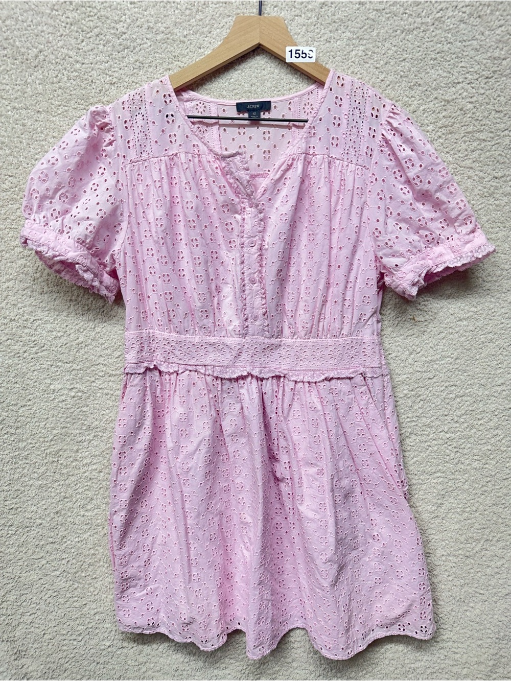 J.Crew Pink Eyelet Lace Puff Sleeve Cotton Mini Dress Size 12 - Picture 1 of 12
